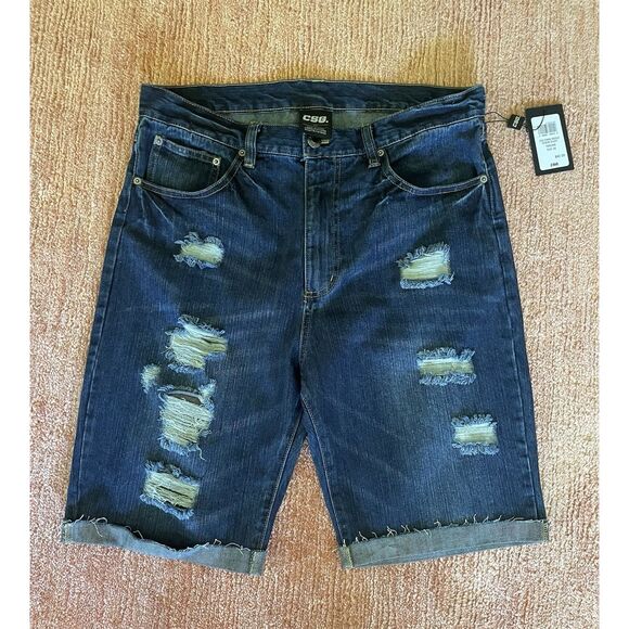 CSG Men’s Distressed Denim Shorts Dark Indigo Blue Jean Cutoff Size 34 NWT - Picture 1 of 8